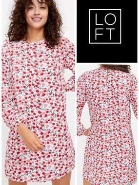 LOFT Cherries in the Snow Long Sleeve Shift Dress in Red & Pink